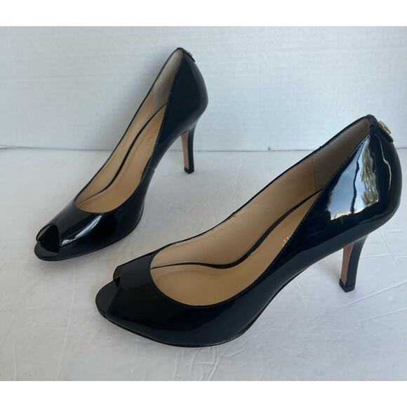 NWOT Ivanka Trump Black Patent Leather Platform Peep Toe Stiletto Heels Sz 8.5M - Picture 1 of 11